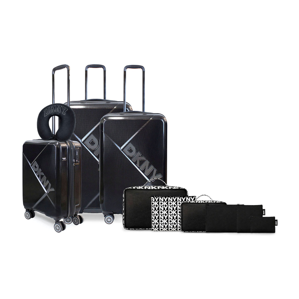 Set 3 Maletas DKNY Your Call negra + Almohada + 6 organizadores wh