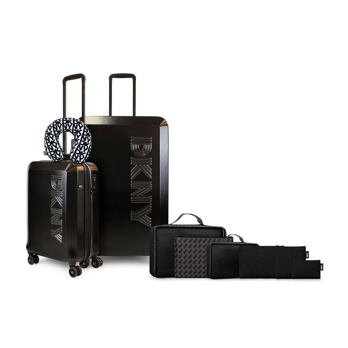 Set 2 Maletas DKNY Beveled S+L negra + Almohada + Organizador 6 piezas café
