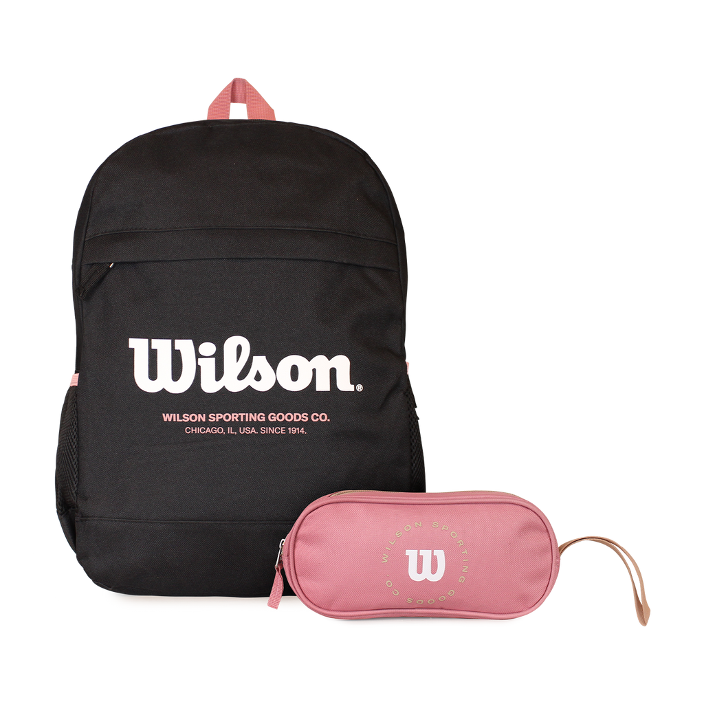 Pack mochila Atom negra + estuche Charlotte rosado