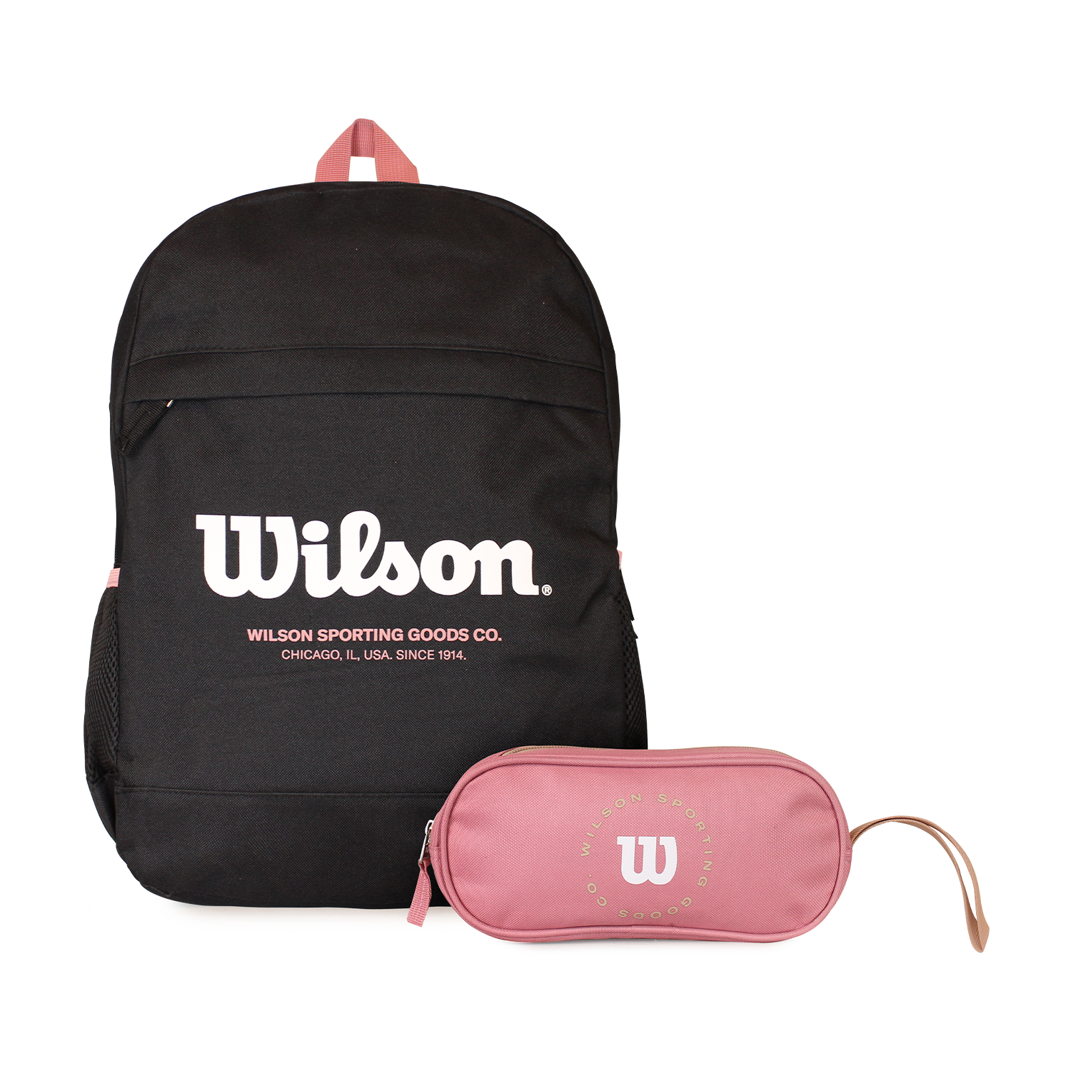 Pack mochila Atom negra + estuche Charlotte rosado