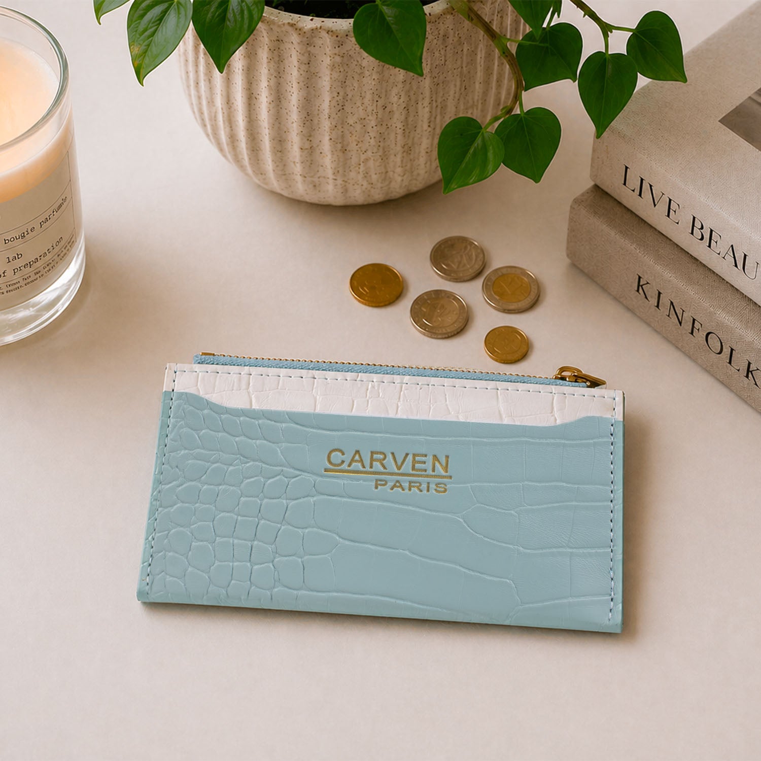 Billetera tarjetero mujer con monedero Zoe Carven celeste