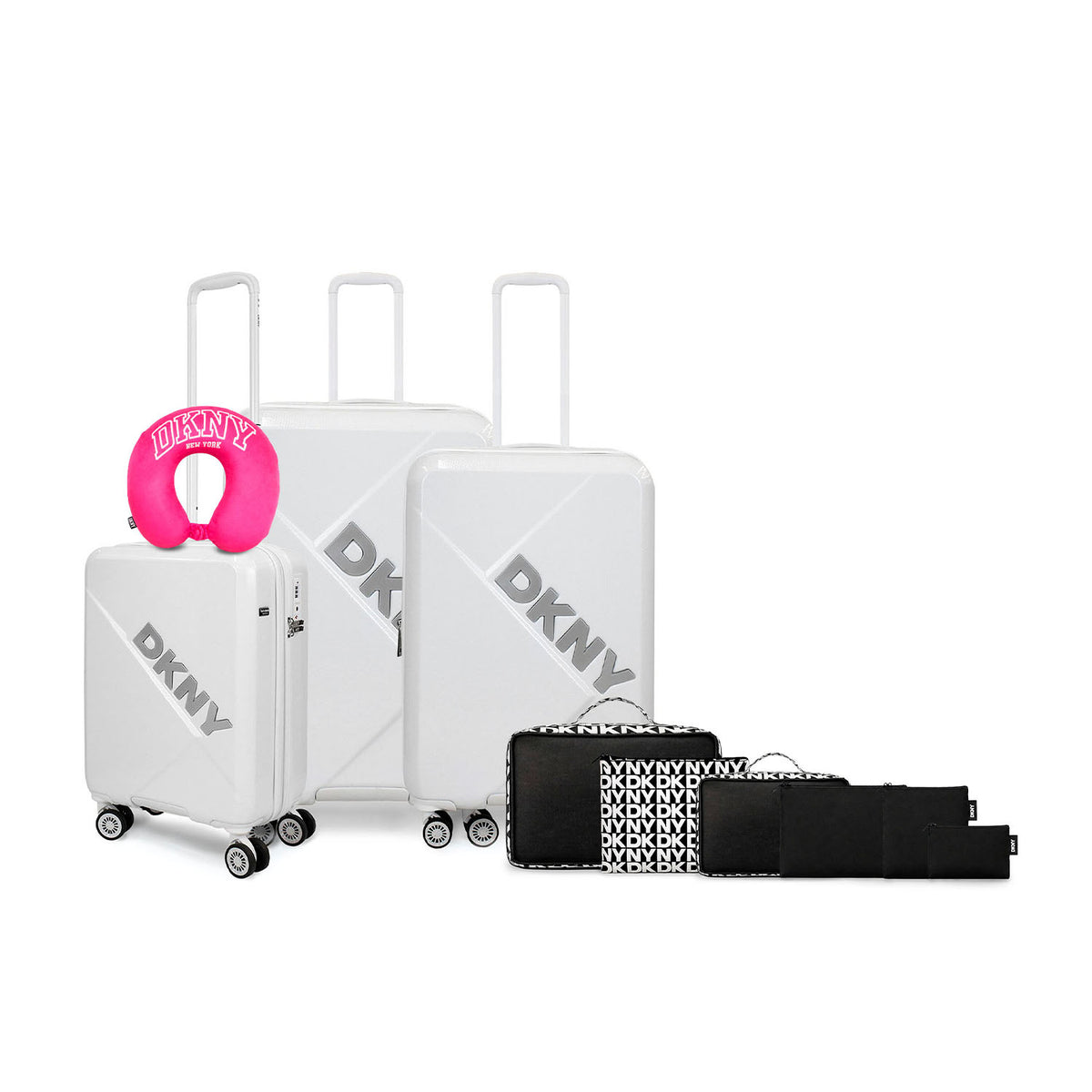 Set 3 Maletas DKNY Your Call blanca + Almohada fucsia + 6 organizadores