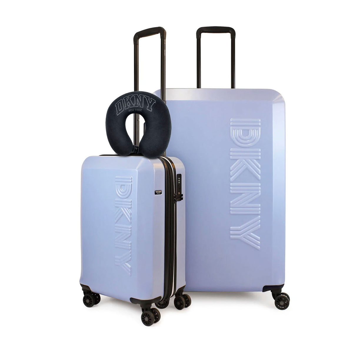 Pack 2 Maletas DKNY Beveled S+L Celeste + Almohada de Viaje Varsity Negra