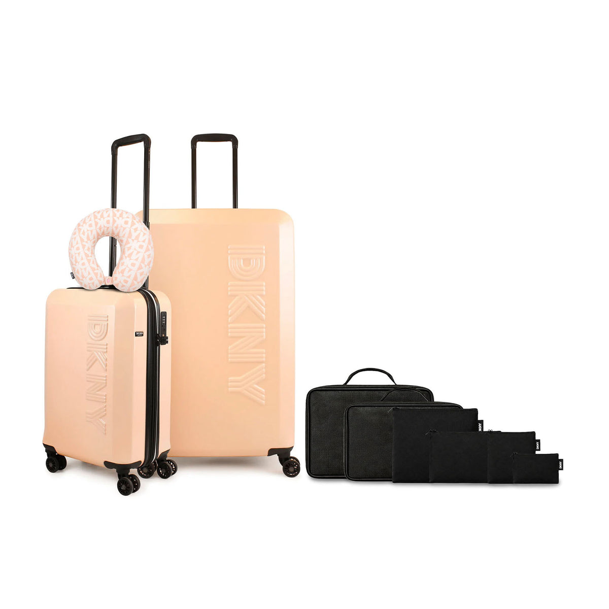 Set 2 Maletas DKNY Beveled S+L Rosado + Almohada + Organizador 6 pzas negro