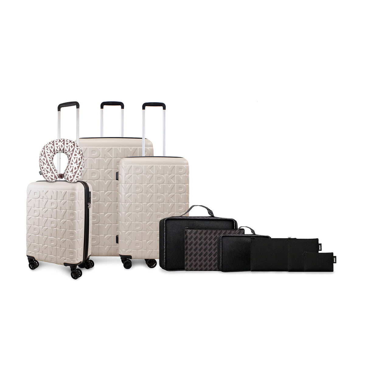 Set Maletas S+M+L Meghan beige + Almohada + Organizador 6 Piezas DKNY